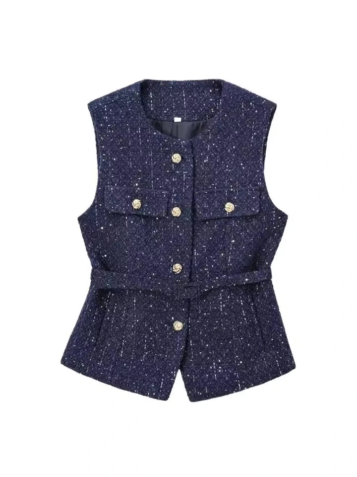 Velmera Weste für Damen mit Gürtel in Dunkelblau, Hellblau, Weiß oder Schwarz – elegantes, ärmelloses Design TIMEFINITY
