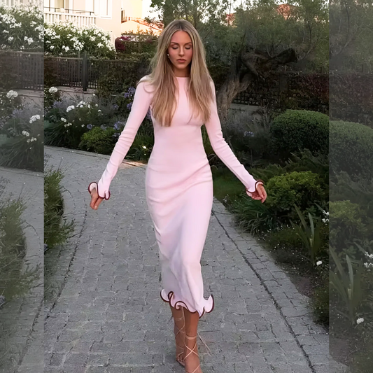 Oralda Langarm Maxikleid – Elegantes, rosa figurbetontes Kleid mit langem Arm und schickem Design, ideal für besondere Anlässe und festliche Events