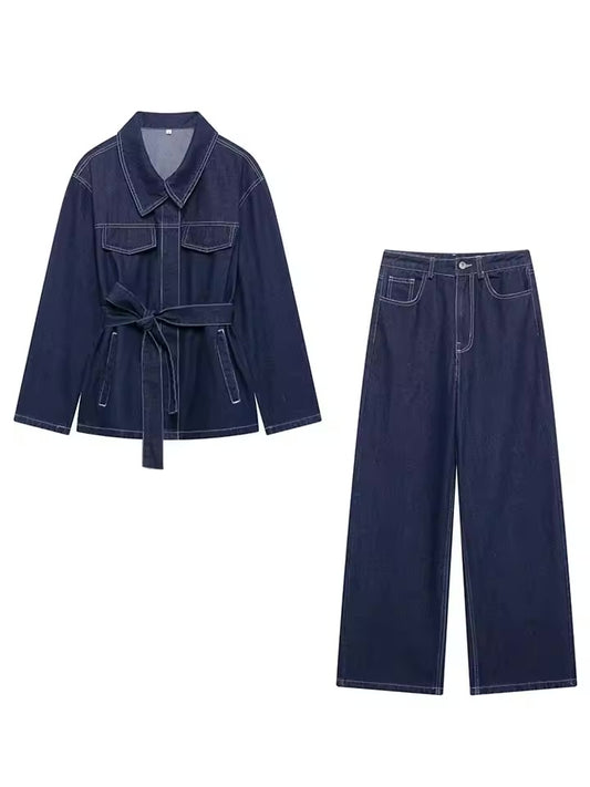 TIMEFINITY Icon Set – Dunkles Denim-Zweiteiler mit taillierter Jacke & High-Waist-Jeans, Trend 2025