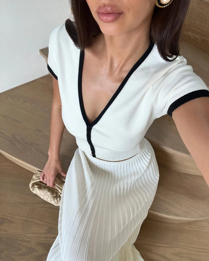 Weißes Sommer-Set für Damen mit Crop-Top und langem, fließendem Rock – perfekt für Urlaub und Alltag / Timefinity
